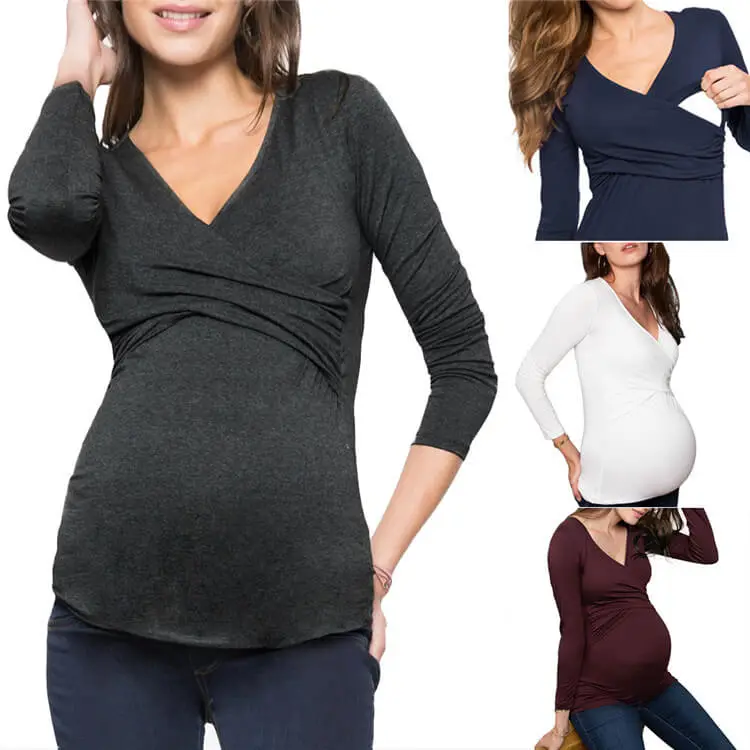 S-2XL Women Solid Color V Neck Long Sleeve Maternity Pullover Top