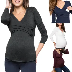 S-2XL Women Solid Color V Neck Long Sleeve Maternity Pullover Top