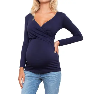 S-2XL Women Solid Color V Neck Long Sleeve Maternity Pullover Top