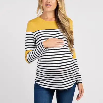 S-2XL Women Fashion Stripe Printing Color Blocking Maternity Top