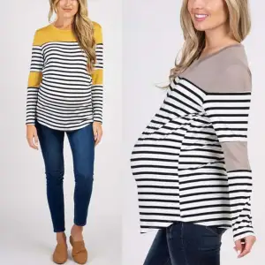 S-2XL Women Fashion Stripe Printing Color Blocking Maternity Top