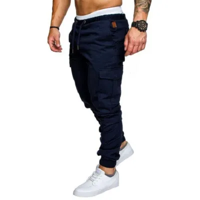 S-4XL Men's Solid Color Casual Drawstring Pants with Multiple Pockets