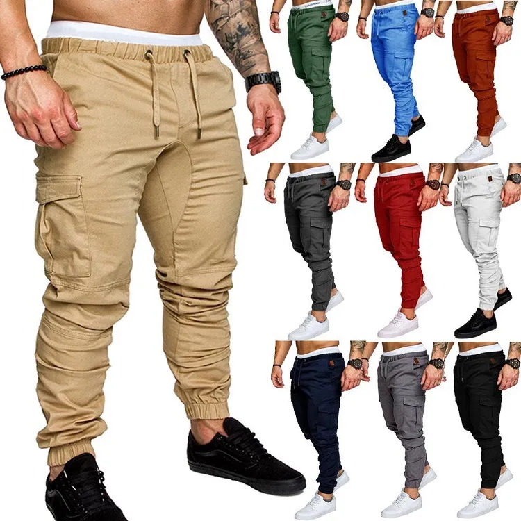 S-4XL Men's Solid Color Casual Drawstring Pants with Multiple Pockets