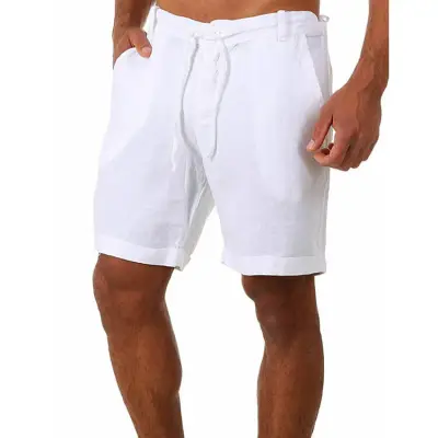 S-3XL Men Casual Solid Color Loose Drawstring Linen Bermuda Shorts