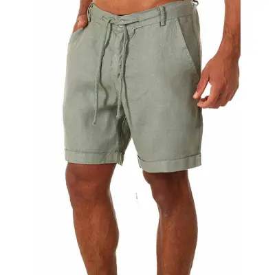 S-3XL Men Casual Solid Color Loose Drawstring Linen Bermuda Shorts