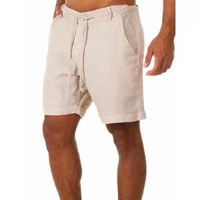 S-3XL Men Casual Solid Color Loose Drawstring Linen Bermuda Shorts