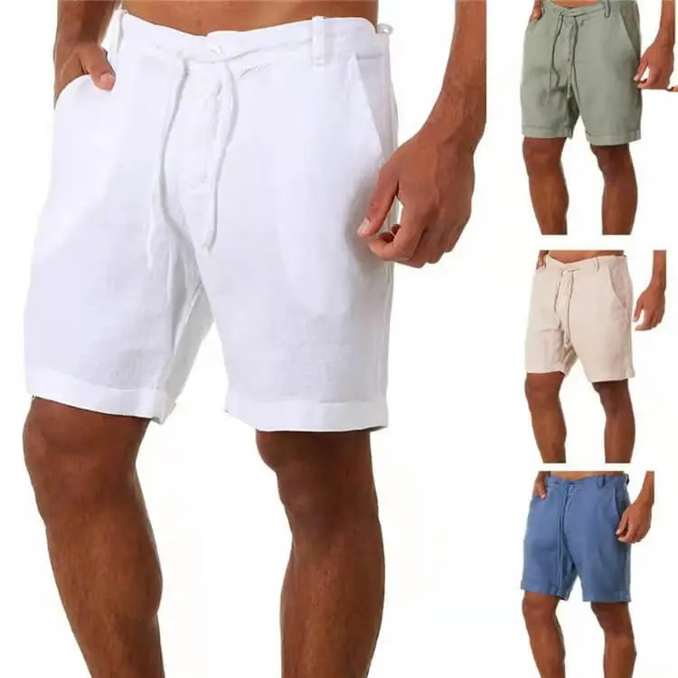 S-3XL Men Casual Solid Color Loose Drawstring Linen Bermuda Shorts