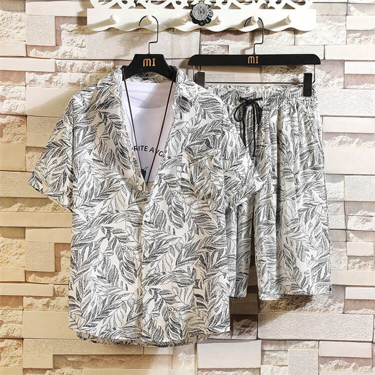 Wholesale M-5XL Men Fashion Leaf Printed Loose Shirt And