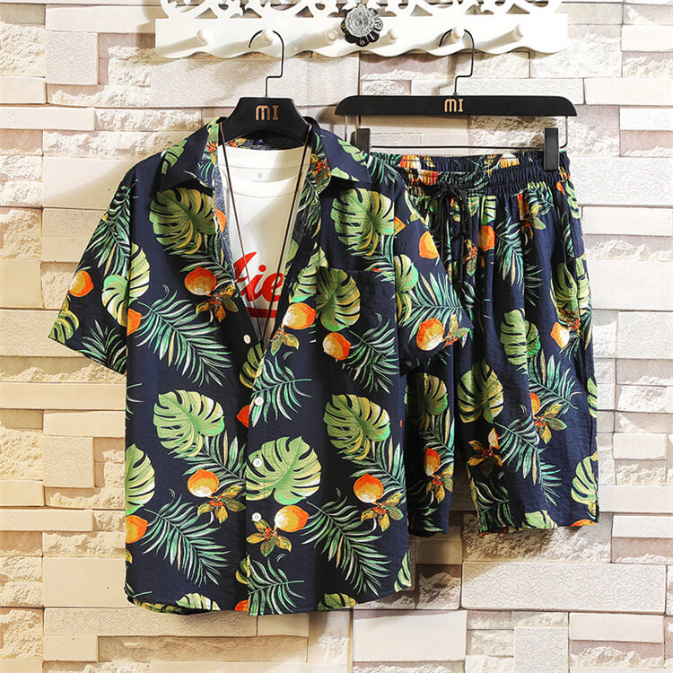 Wholesale M-5XL Men Fashion Leaf Printed Loose Shirt And