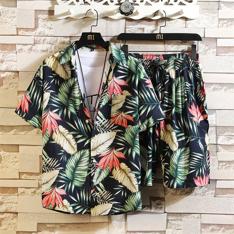 Wholesale M-5XL Men Fashion Leaf Printed Loose Shirt And