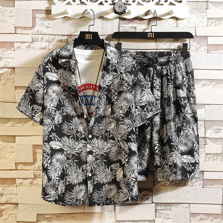 Wholesale M-5XL Men Fashion Leaf Printed Loose Shirt And