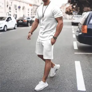 S-3XL Men Fashion Solid Color Loose T-shirt And Shorts Two Pieces Set