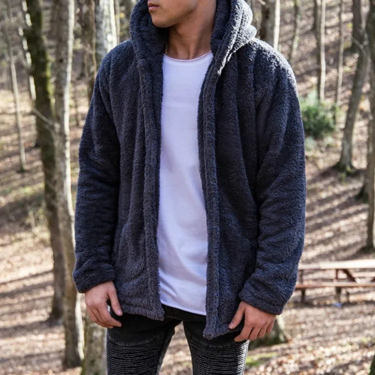 S-3XL Men Plus Size Solid Color Plush Long-Sleeve Hooded Coat