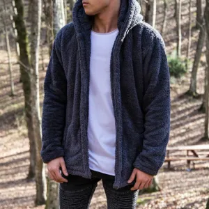 S-3XL Men Plus Size Solid Color Plush Long-Sleeve Hooded Coat