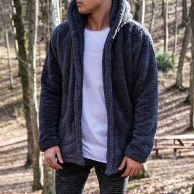 S-3XL Men Plus Size Solid Color Plush Long-Sleeve Hooded Coat