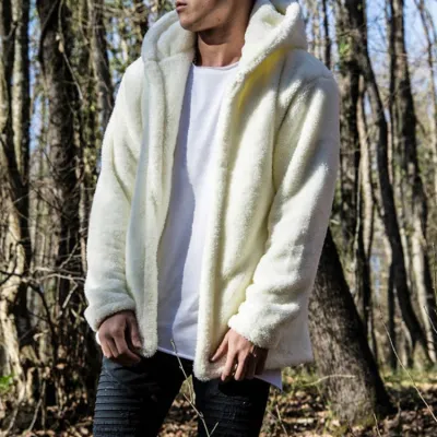 S-3XL Men Plus Size Solid Color Plush Long-Sleeve Hooded Coat