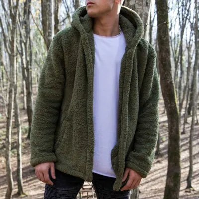 S-3XL Men Plus Size Solid Color Plush Long-Sleeve Hooded Coat