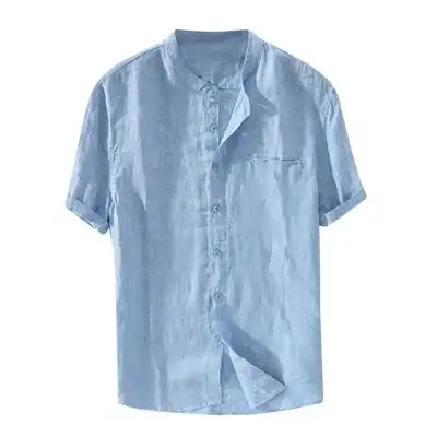 S-5XL Men Plus Size Solid Color Stand Collar Short Sleeve Street Shirt