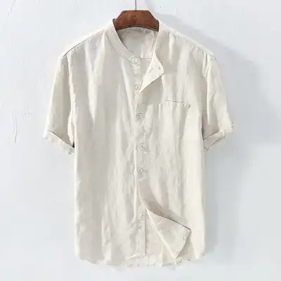 S-5XL Men Plus Size Solid Color Stand Collar Short Sleeve Street Shirt