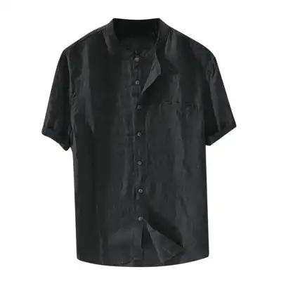S-5XL Men Plus Size Solid Color Stand Collar Short Sleeve Street Shirt