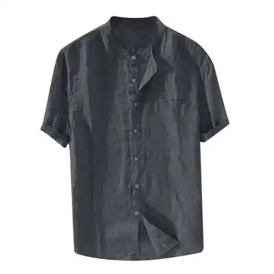 S-5XL Men Plus Size Solid Color Stand Collar Short Sleeve Street Shirt