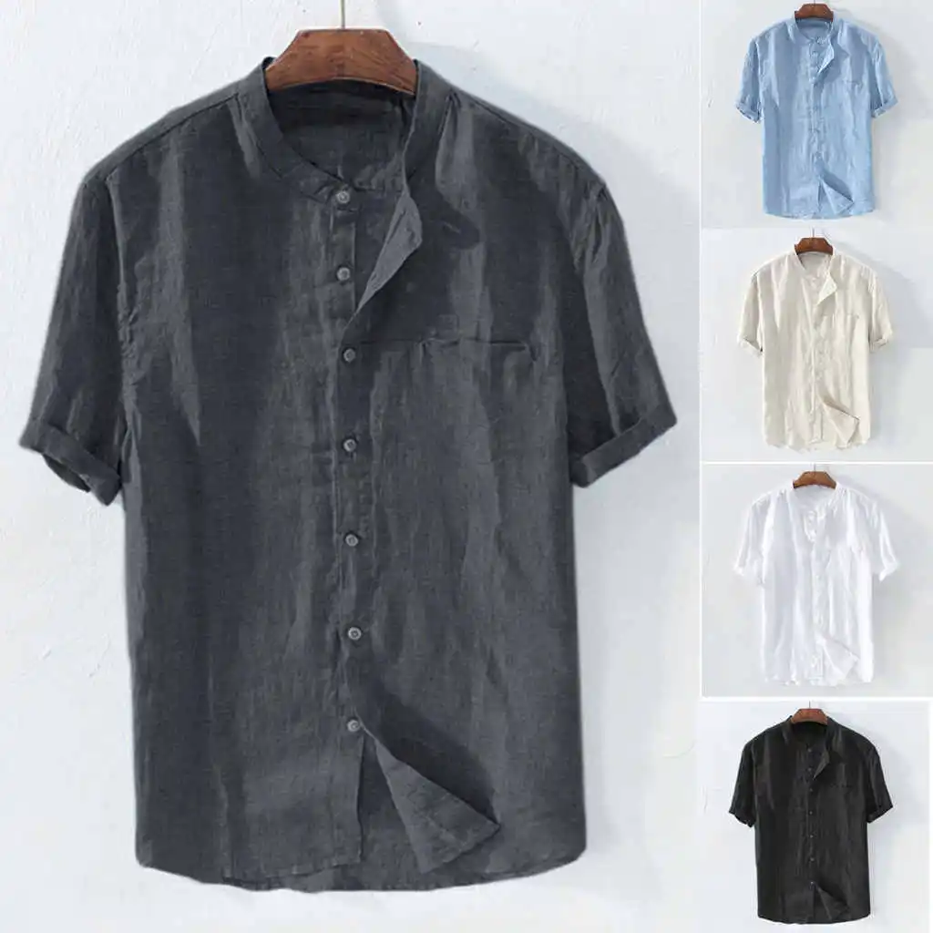 S-5XL Men Plus Size Solid Color Stand Collar Short Sleeve Street Shirt
