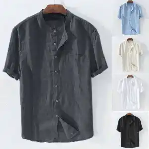 S-5XL Men Plus Size Solid Color Stand Collar Short Sleeve Street Shirt