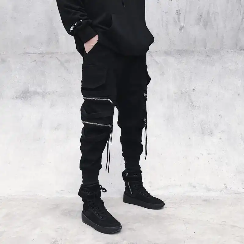 S-3XL Men Youth Pop Solid Color Zipper Pocket Loose Cargo Pants