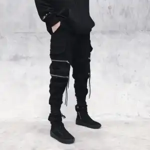 S-3XL Men Youth Pop Solid Color Zipper Pocket Loose Cargo Pants