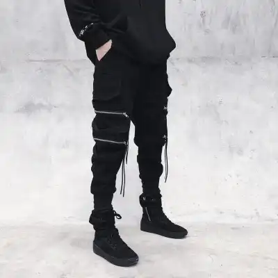 S-3XL Men Youth Pop Solid Color Zipper Pocket Loose Cargo Pants