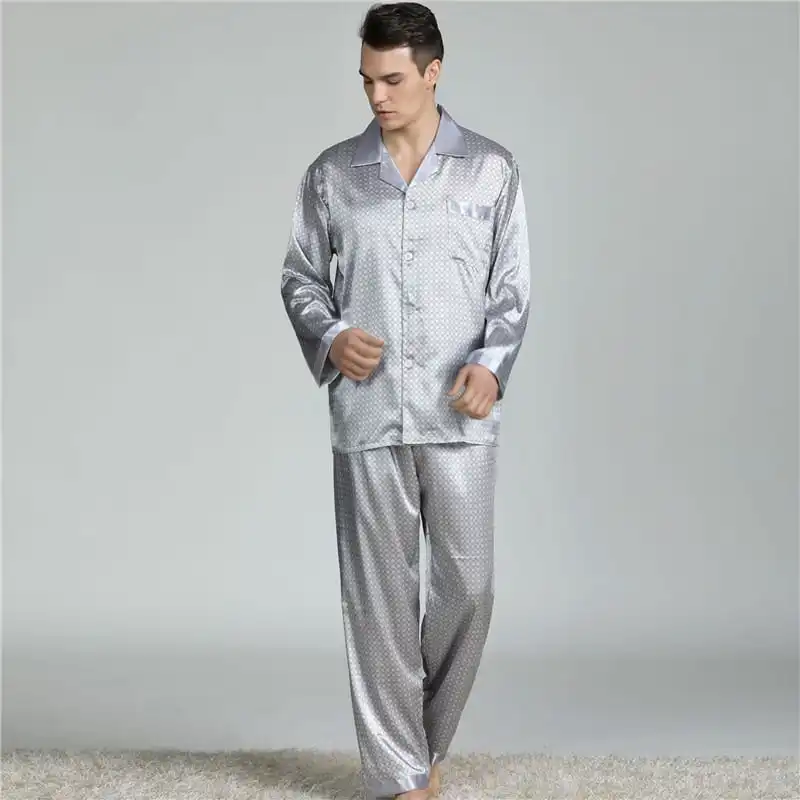 L-3XL Men Fashion Plus Size Silk Lapel Long Sleeve Pajama Set