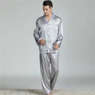 L-3XL Men Fashion Plus Size Silk Lapel Long Sleeve Pajama Set