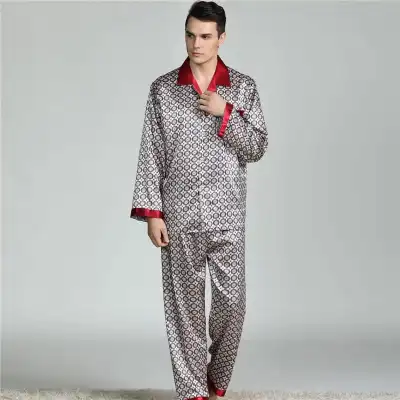 L-3XL Men Fashion Plus Size Silk Lapel Long Sleeve Pajama Set