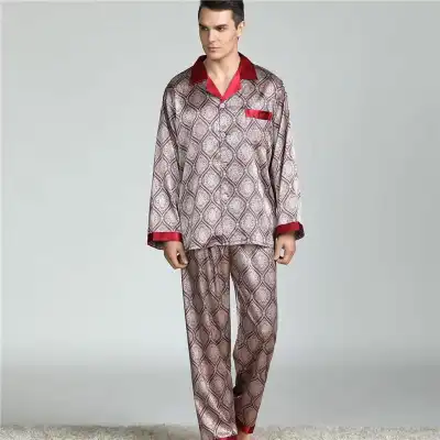 L-3XL Men Fashion Plus Size Silk Lapel Long Sleeve Pajama Set