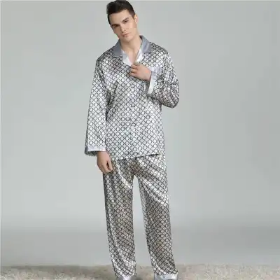 L-3XL Men Fashion Plus Size Silk Lapel Long Sleeve Pajama Set