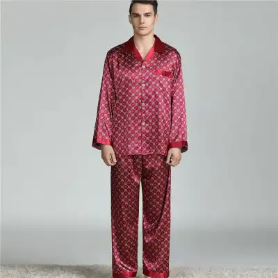 L-3XL Men Fashion Plus Size Silk Lapel Long Sleeve Pajama Set