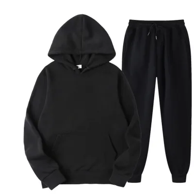 Men's Leisure Solid Color Hoodie and Pants Two-Piece Set S-3XL
