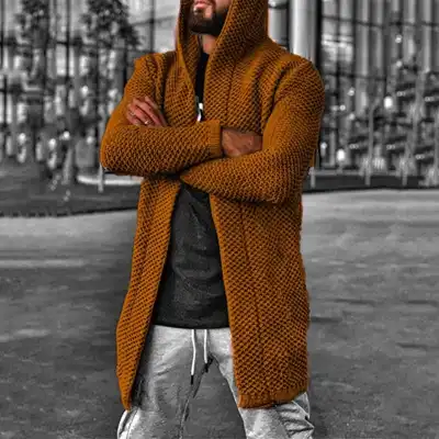 S-5XL Men Fashion Solid Color Hooded Cardigan Knitwear