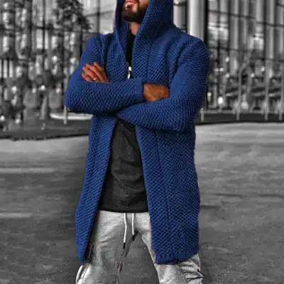 S-5XL Men Fashion Solid Color Hooded Cardigan Knitwear
