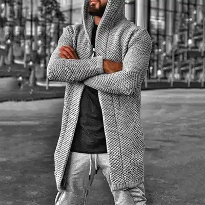 S-5XL Men Fashion Solid Color Hooded Cardigan Knitwear