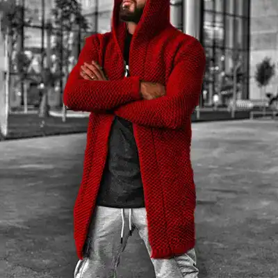 S-5XL Men Fashion Solid Color Hooded Cardigan Knitwear