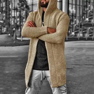 S-5XL Men Fashion Solid Color Hooded Cardigan Knitwear