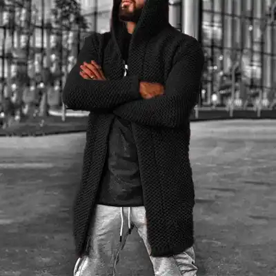S-5XL Men Fashion Solid Color Hooded Cardigan Knitwear