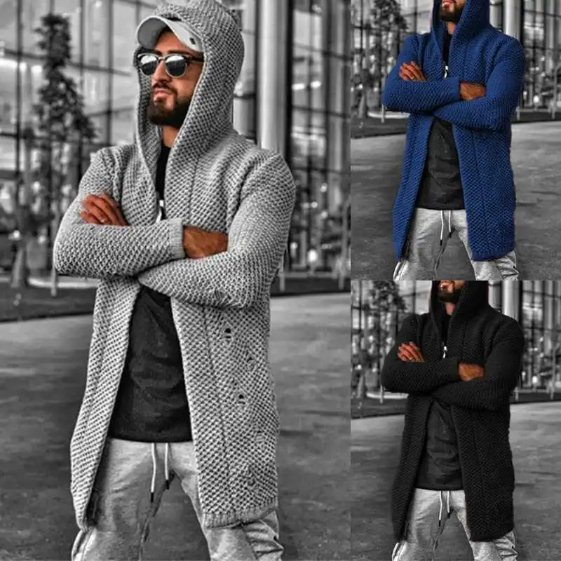 S-5XL Men Fashion Solid Color Hooded Cardigan Knitwear