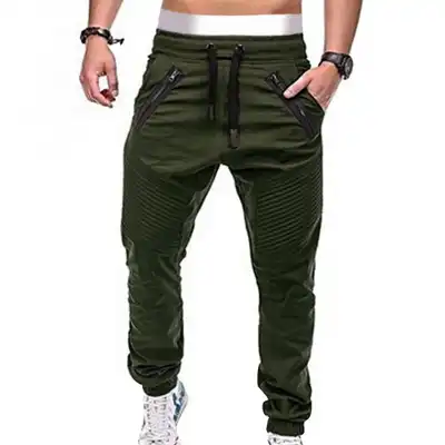 M-3XL Men Drawstring Waist Zipper Solid Color Cotton Blended Jogger Pants