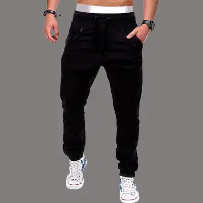 M-3XL Men Drawstring Waist Zipper Solid Color Cotton Blended Jogger Pants