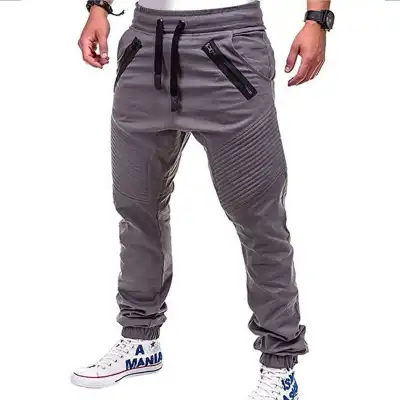 M-3XL Men Drawstring Waist Zipper Solid Color Cotton Blended Jogger Pants
