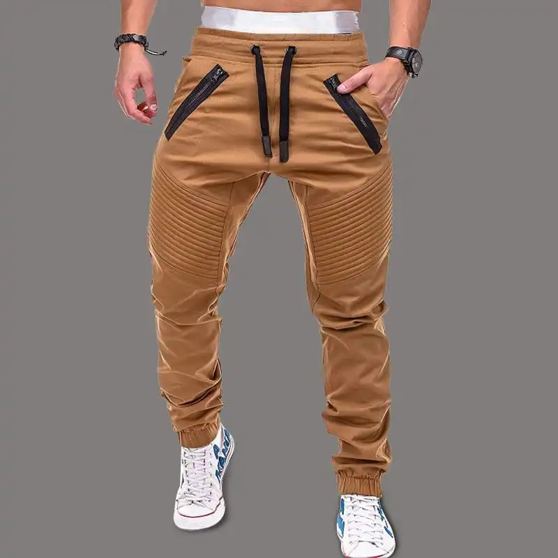 M-3XL Men Drawstring Waist Zipper Solid Color Cotton Blended Jogger Pants