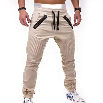 M-3XL Men Drawstring Waist Zipper Solid Color Cotton Blended Jogger Pants