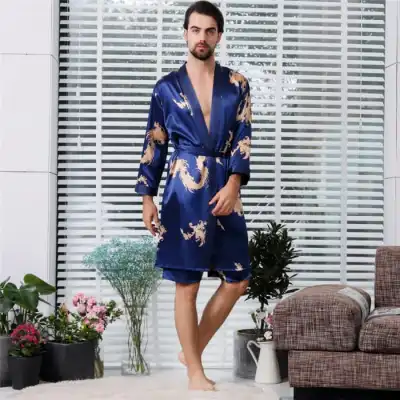 M-5XL Men Fashion Plus Size Printed Silk Nightrobe Two-Piece Set